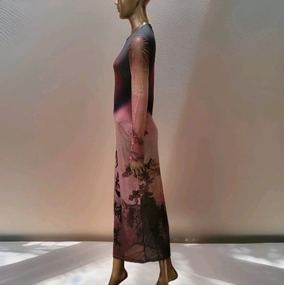 NWT Round Collar Oriental Text Print Mesh Bodycon Midi Dress Sz M - Picture 8 of 16